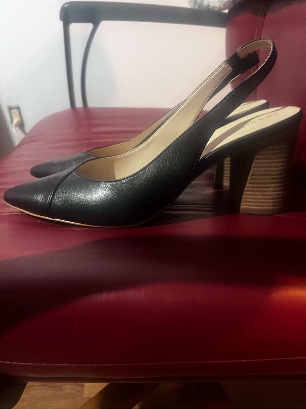 Cole Haan Black Leather Slingback Block Heel with Stacked Wood Finish - Picture 4 of 5